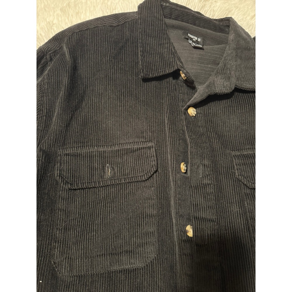 Forever 21 Men Black Corduroy Button Down Shirt Long Sleeve Large Pockets